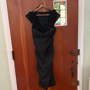 Xscape Black Midi Dress with Ruffled Neckline